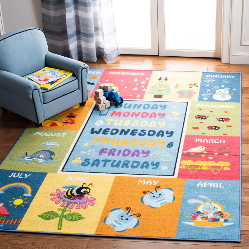 Educational Blue and Multicolor Kids Playhouse Rug, 5' x 7'