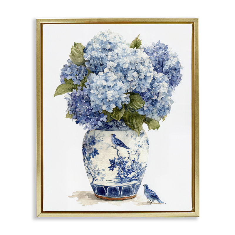 Cadre flottant Blue Bird & Hydrangea Vase, design par Imagine It Images, Cadre flottant métallique doré, H 21 po x l 17 po