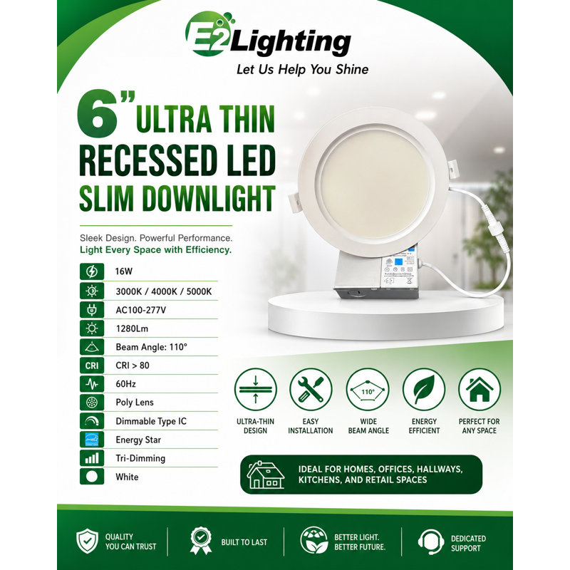 E2 LIGHTING Slim LED Downlight | 6" | 16W | Dimmable | 3CCT Tunable 3000K 4000K 5000K