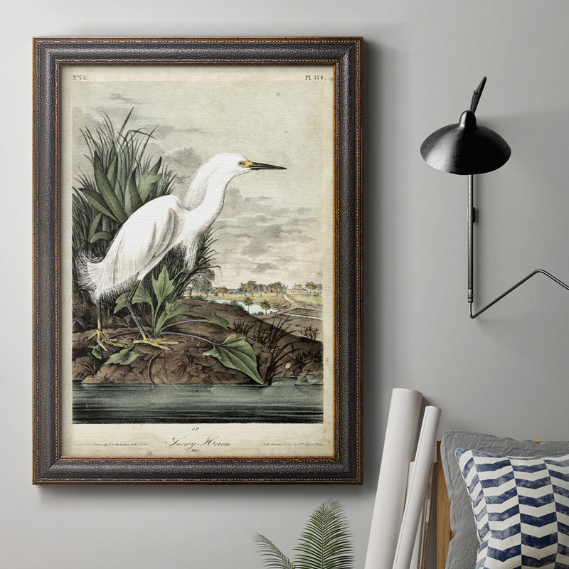 «Snowy Heron», toile encadrée de qualité supérieure - prête à être accrochée, H 27 po x l 18 po x P 2,5 po