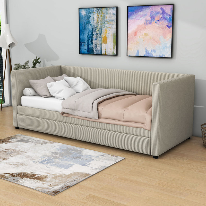 Berla Twin Size 2 Drawers Upholstered Daybed, Gray