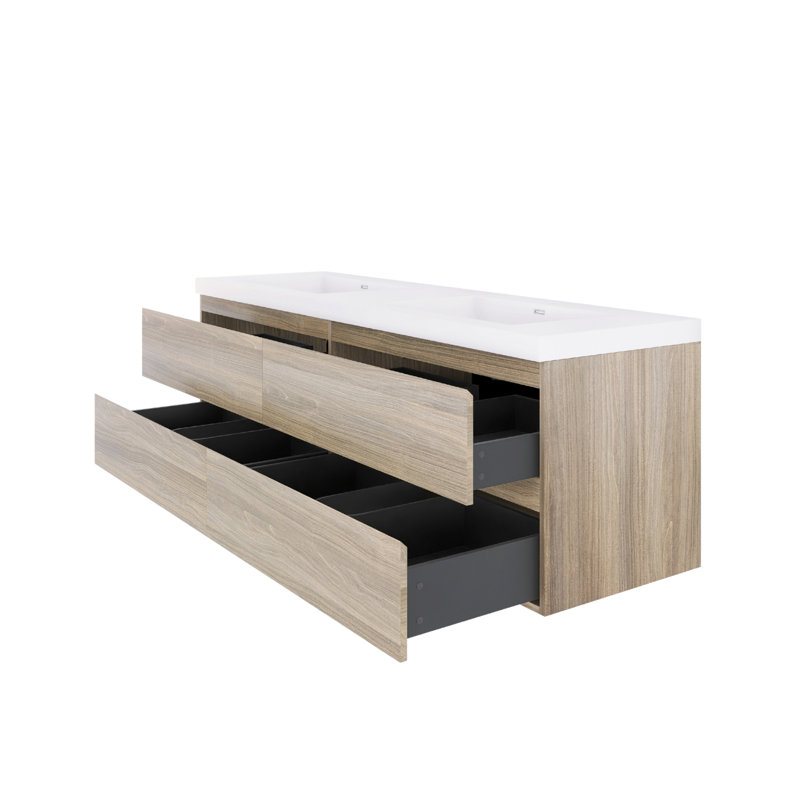Meuble-lavabo double 72 po avec plateau en résine et 4 tiroirs à fermeture en douceur 72 po, Gris cendre