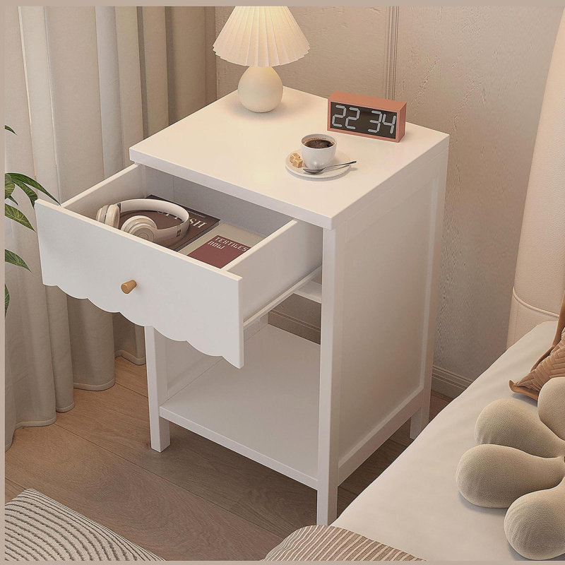 Modern Nightstand with Drawer and Open Shelf, Scalloped Edge Bedside Table for Bedroom, White