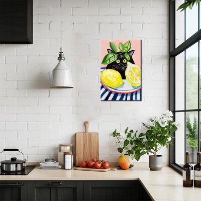 Art mural sur toile de cuisine, chat noir et citron, fruits, art moderne, décoration pour la salle à manger de cuisine, 12 x 16