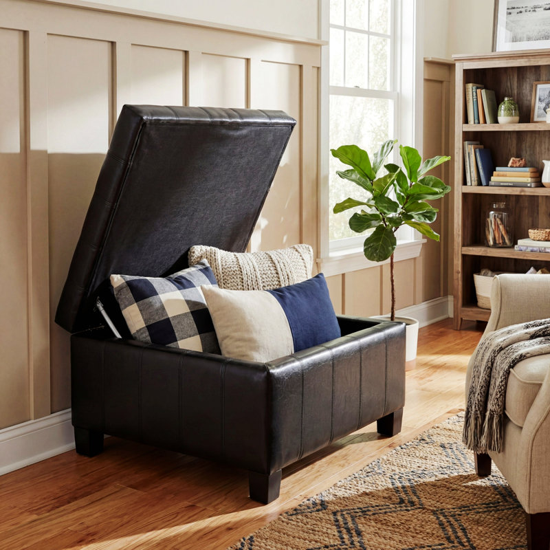 Repose-pieds avec rangement et pieds en bois d'hévéa, repose-pieds carré capitonné avec rangement relevable, Noir