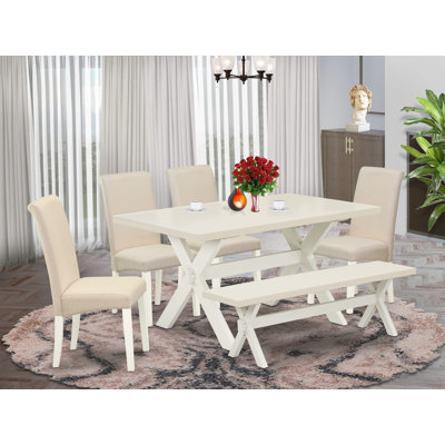 6 Piece Modern Dining Table Set Contains a Rectangle Wooden Table with X-Legs and 4 Cream Linen Fabric Parson Chairs with a Bench, linen white