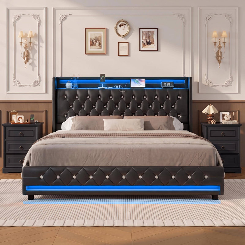 Ensemble de chambre Areyon 3 pièces avec tiroirs de rangement, ports de chargement et éclairage DEL, Grand lit