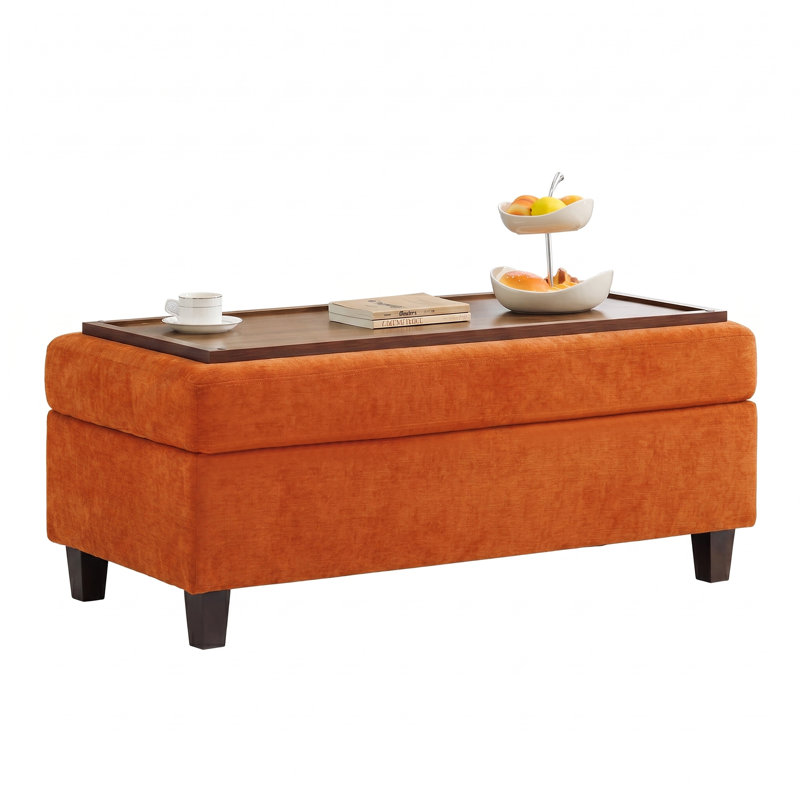 Banc multi-fonctionnel pour repose-pieds avec couvercle rabattable en bois et coussin, Orange