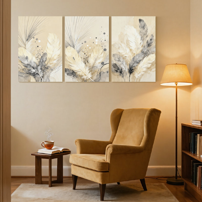 Plume abstraite, ensemble abstrait de 3 reproductions d'art sur toile, H 18 po x l 36 po