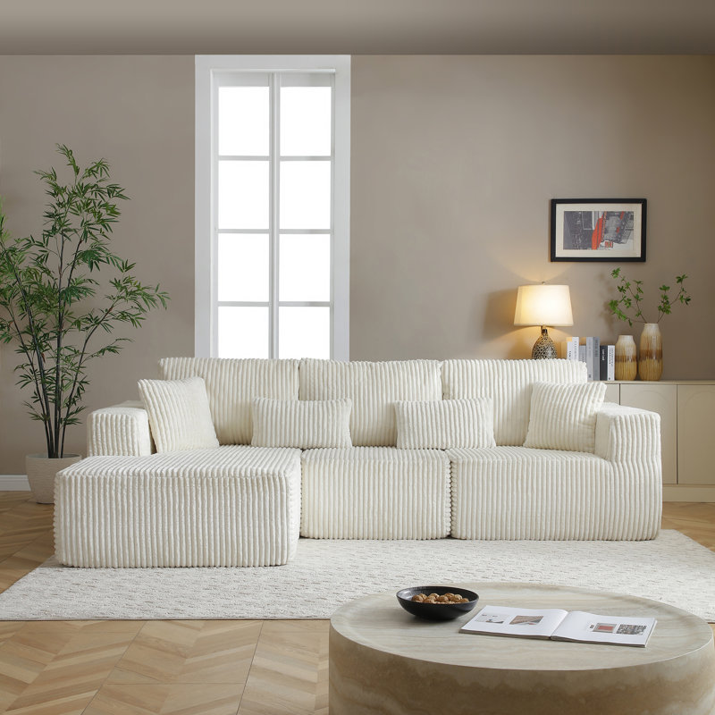 109" Modular Boneless Corduroy Sectional Sofa With Chaise, No Assembly L-Shape Couch Reconfigurable Design, Beige