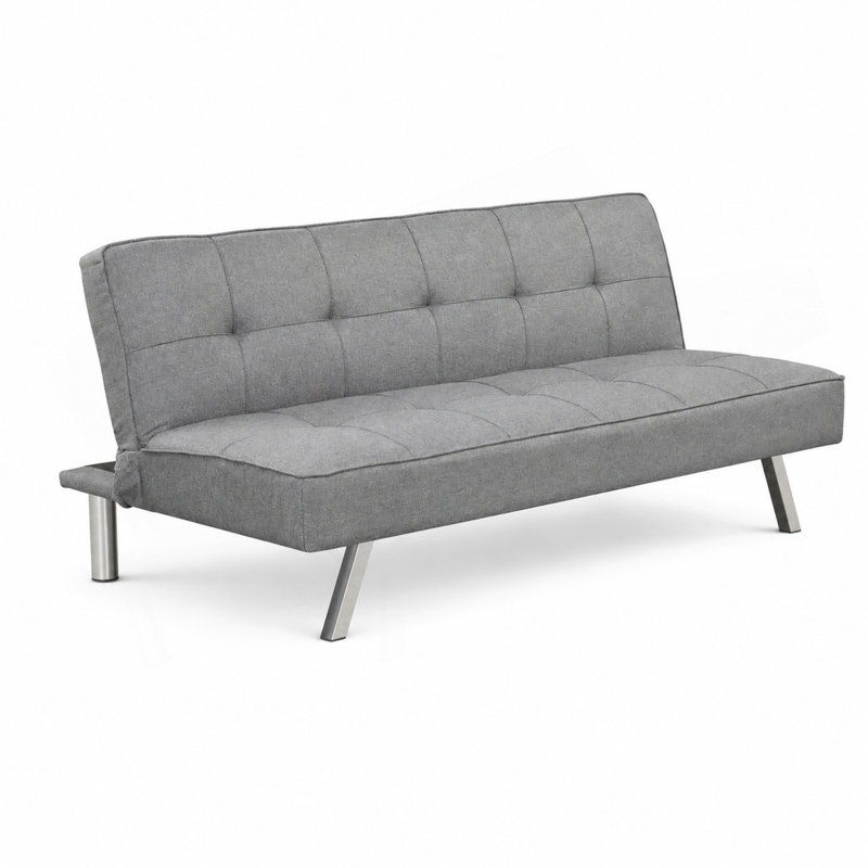 Futon-lit capitonné contemporain avec pieds en métal, canapé-lit en lin, gris
