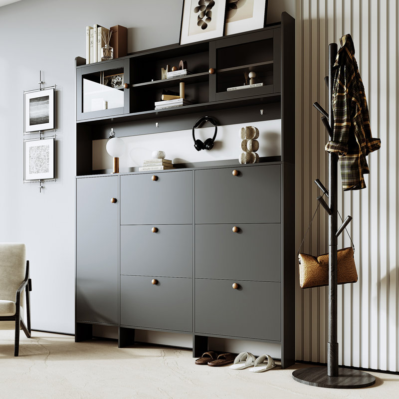 Armoire à chaussures tendance avec tablette de rangement et 6 tiroirs rabattables, Noir