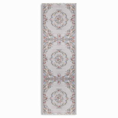Gray Multicolor Floral Cotton Chenille Oriental Kilim Non-Slip Cotton Base Kilim