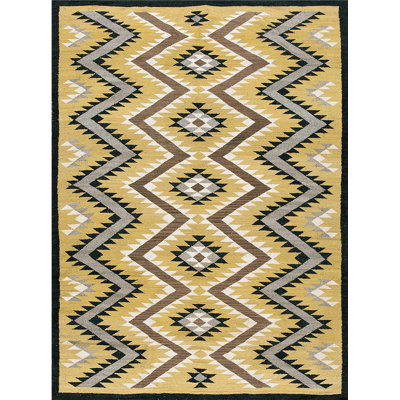 Vintage Geometric Chevron Pattern Native American Navajo Small Scatter Size Wool Yellow Rug