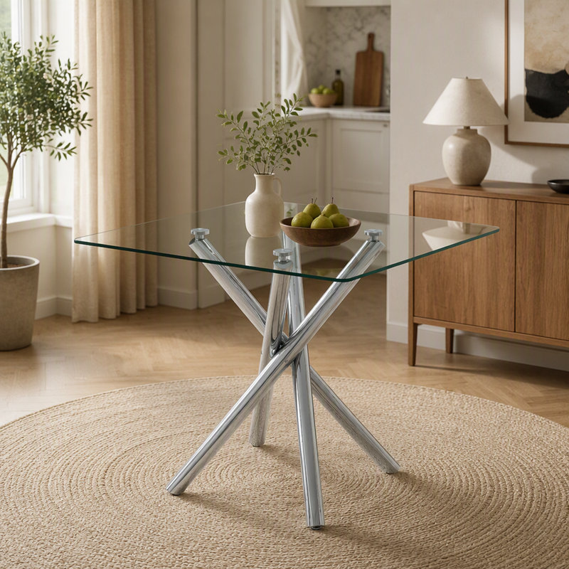 Table de bar moderne en métal galvanisé avec plateau en verre trempé, table de pub robuste à pieds croisés pour bar à la maison, îlot de cuisine, salon