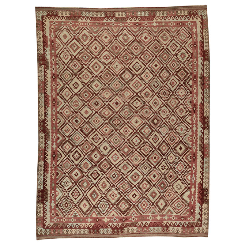 Tapis brun en laine noué à la main de conception unique 12 pi 4 po x 16 pi 5 po