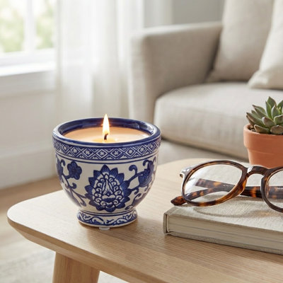 Chinoiserie Ceramic Ocean Mist Scented Candle for Living Room Decor - Decorative Candle for Bookshelf, Coffee Table, or Bedroom - 4", White & Blue