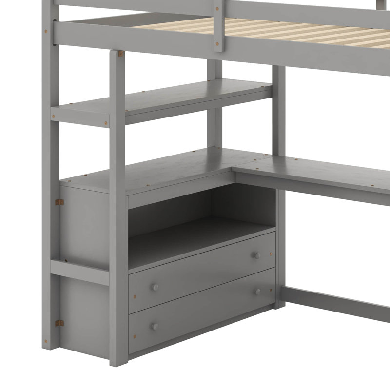 Lit mezzanine simple avec bureau et tablettes, Gris