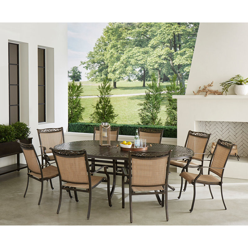 Bronze and Tan 6-Person Oval Outdoor Dining Set with Aluminum Frame