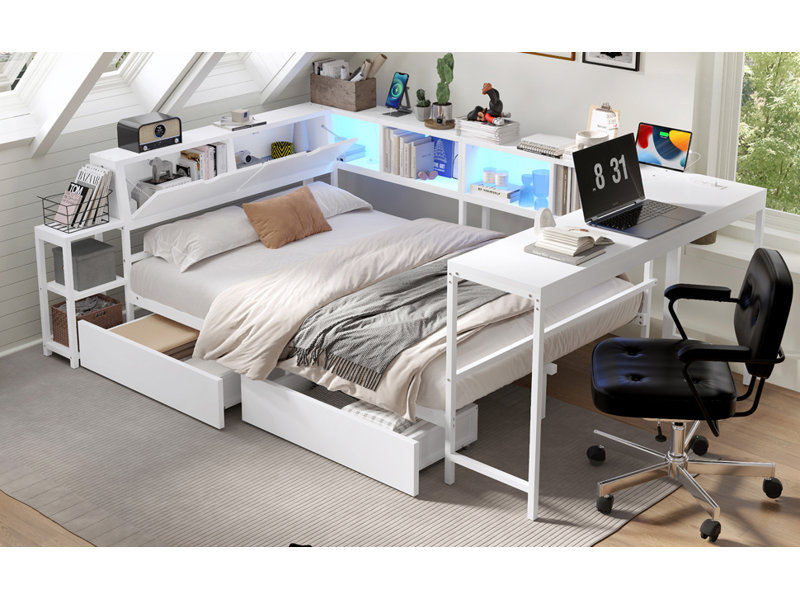 Cadre de lit d'angle avec bibliothèque, 2 tiroirs de rangement, lumière DEL et station de charge, White, Double
