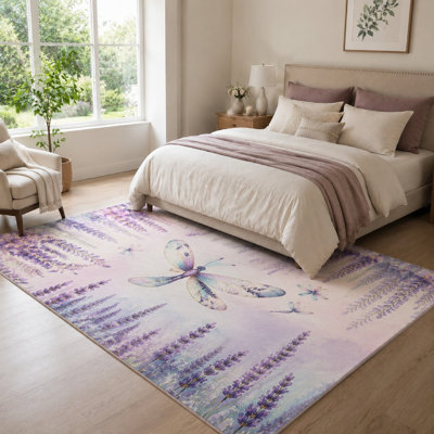 1Pcs Watercolor Dragonfly Lavender Field Rug - Artistic Nature Design, Washable Floor Mat for Living Room, Bedroom, Kitchen, Accent Decor for home detor