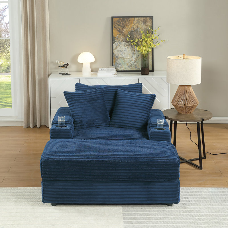 Canapé de coin confortable en velours côtelé bleu avec 2 coussins décoratifs et assise profonde, tissu doux et confortable, structure à ressorts de haute qualité, ergonomie bien pensée, montage facile