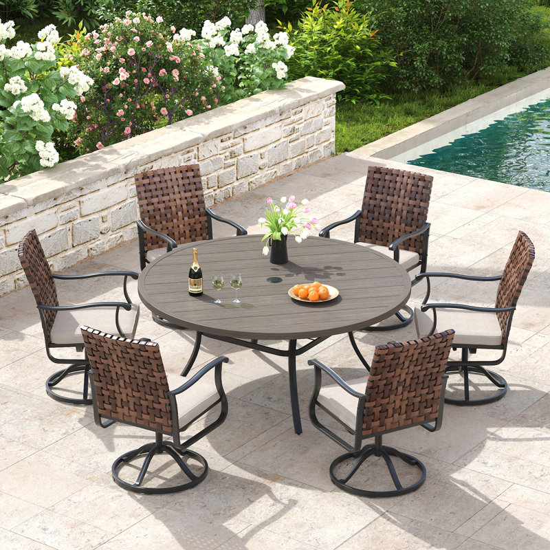 6-Person Round Outdoor Dining Set with 53" Dining Table and 6 Swivel PE Rattan Chairs & Cushions, Brush Wood Gray