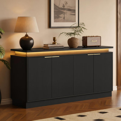 Archway 65.7" Sideboard Cabinet with LED Lighting, 4-Door Storage Buffet Cabinet with Metal Handles, Modern TV Stand for Living Room Entryway Bedroom, Black