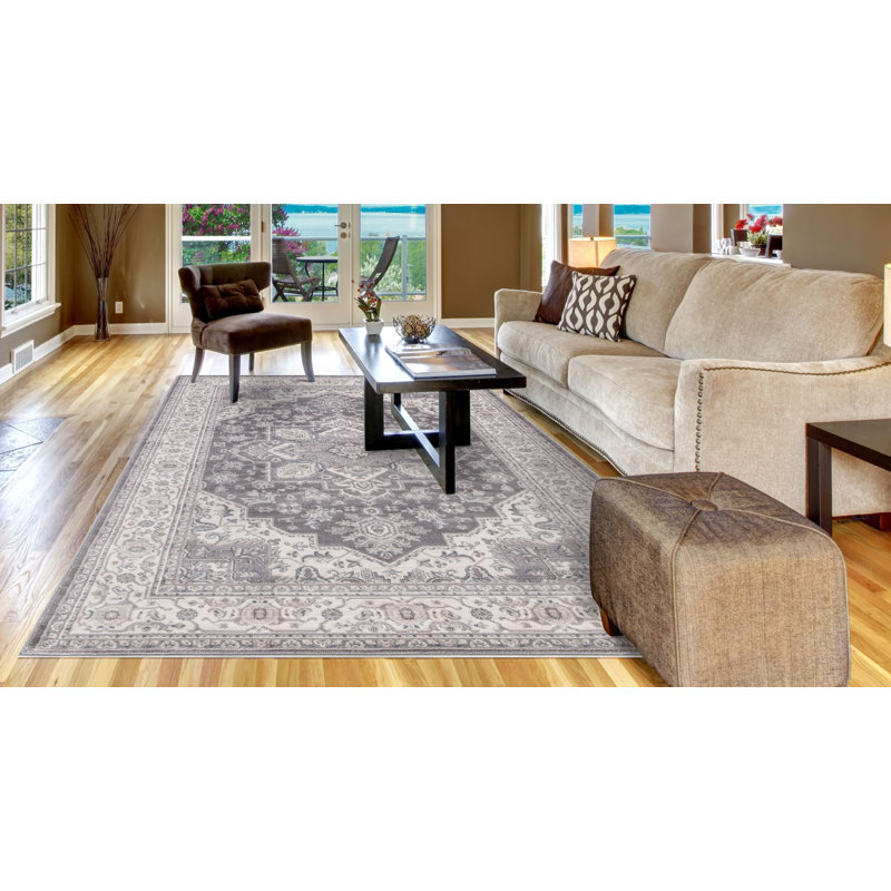 Tapis oriental gris tissé à la machine, Rond 7 pi