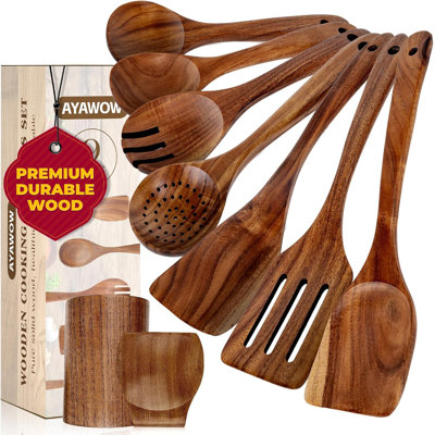 9-Piece Teak Wooden Kitchen Utensil Set With Holder & Spoon Rest, Natural Wood Cooking Spoons For Nonstick Cookware, Durable & Safe Wooden Utensils For Stirring, Mixing & Serving