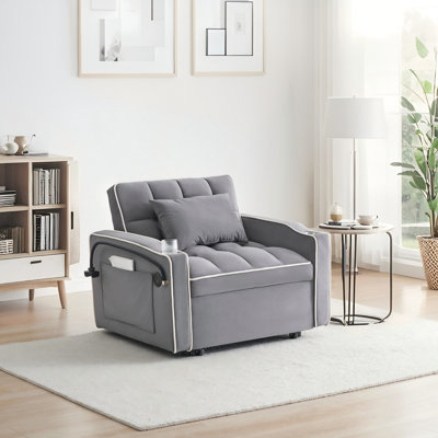 Canapé-lit convertible 3 en 1 avec support pour téléphone et ports USB, petit futon simple en velours et canapé-lit inclinable avec dossier réglable et support pour téléphone pivotant