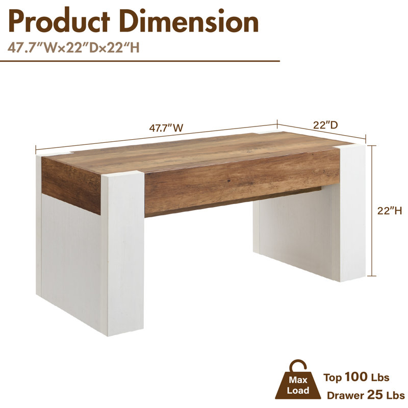 48" Modern Farmhouse Coffee Table With Hidden Storage Drawer,wood Thick Design For Living Room, Brown, White Wood