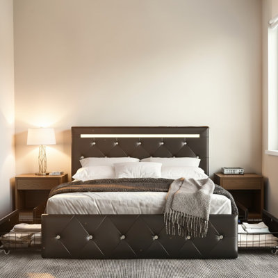 Black PU Upholstered Queen Size Bed Frame With LED Light And 4 Storage Drawers With Charging Station With Adjustable Headboard, Diamond Crystal Button