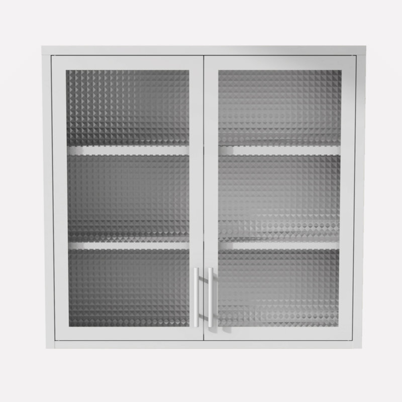Wall Mounted Storage Cabinet with Hazy Glass Doors and 2 Adjustable Shelves, White Fluted