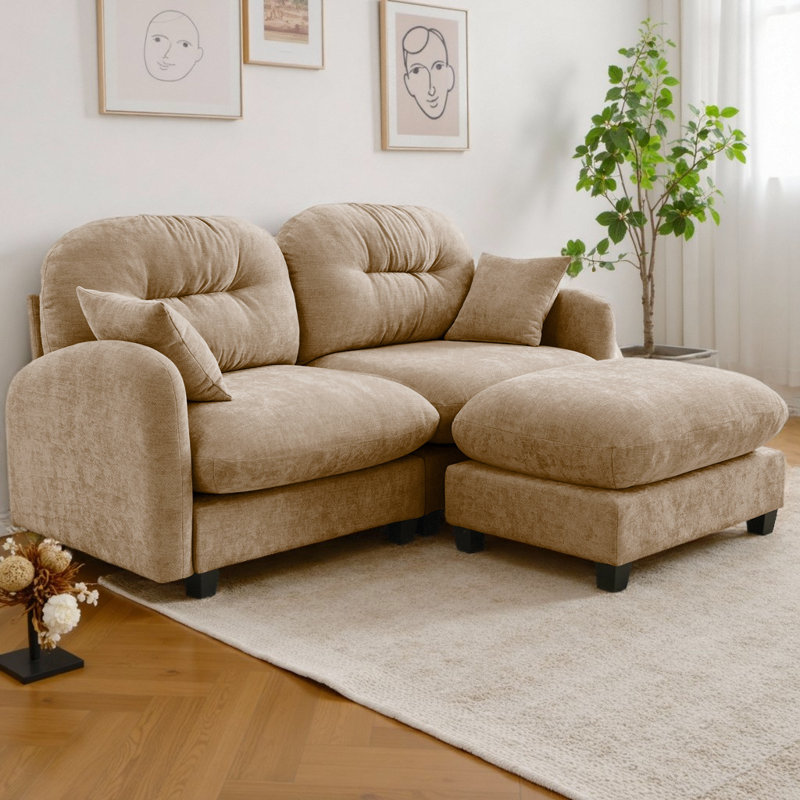 Canapé modulaire en L avec repose-pieds Chenille, Chenille chameau
