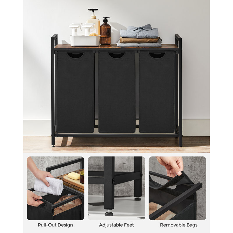 Laundry Hamper with 3 Pull-Out and Removable Bags, Black