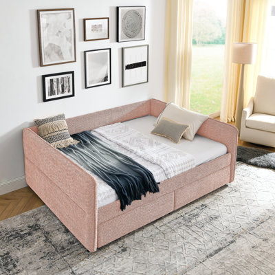 Grand lit de jour avec canapé-lit capitonné à deux tiroirs, tissu Boucle (88 po x 65,5 po x 29,5 po)