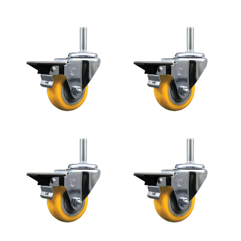 Ensemble de roulettes à tige filetée avec frein pivotant 3 po 3 po 3/4 po, Noir