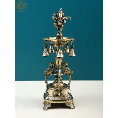 Handmade 13-Inch Dancing Ganesha Brass Lamp with Peacock Motif & Bells – Five-Wick Hindu Ritual Diya for Puja, Entryway, or Decor