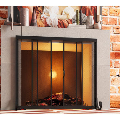 Fireplace Screen, Wrought Iron Mesh, Baby Safe Spark Guard Protector With 2-Doors Large Flat Guard Screens (37.8 X 30.7 Inch)