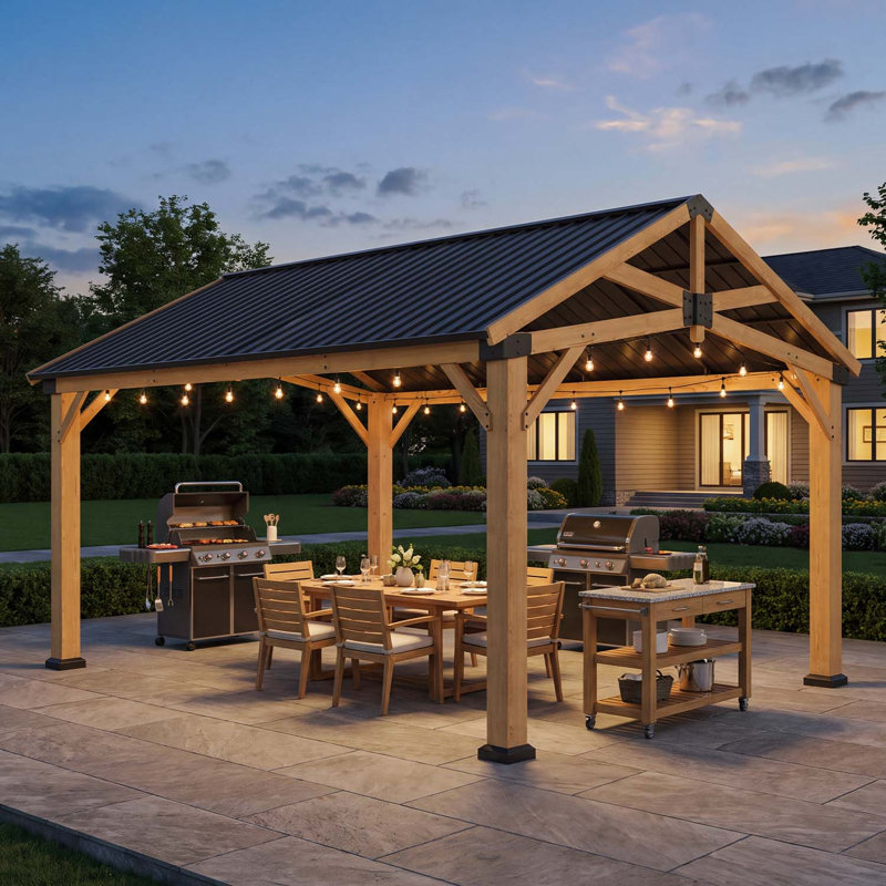 16' x 12' Cedar Wood Gazebo with Galvanized Steel Hardtop Roof, Outdoor Wooden Pavilion with Heavy-Duty Ceiling Hook, All-Weather Patio Shade Structure for Backyard, Garden, Deck
