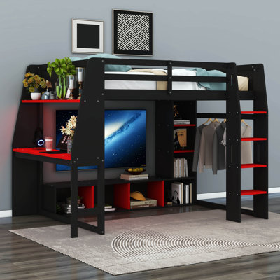 Lit mezzanine double avec bureau, meuble télé et DEL, lit en bois massif avec tablettes de rangement, meuble télé et portemanteau