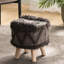 Handmade 16.23" Foot Stool - Blending Wool & Cotton And Eucalyptus Wood 16X16 Made With Handwoven