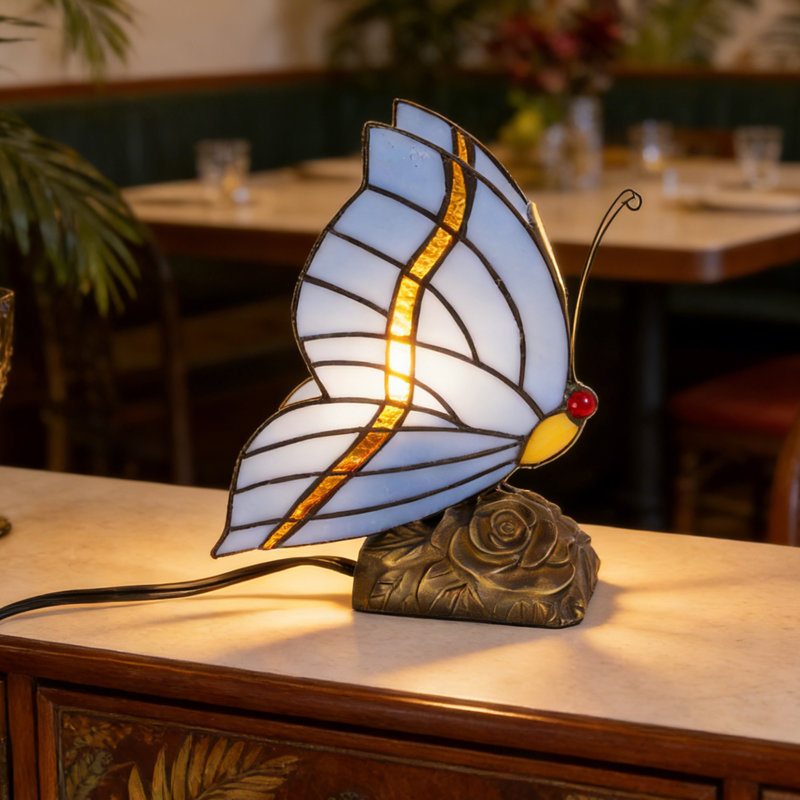 Blue Butterfly Glass Table Lamp, Novelty Lamp With Switch
