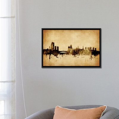 Foxed (Retro) Skyline Series: Leeds, Angleterre, Royaume-Uni, impression sur toile tendue