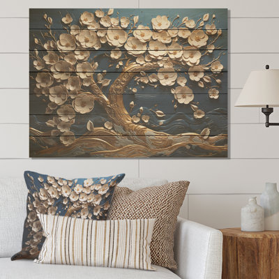 Golden White And Blue Orchid Flowers Tree I - Tree On Wood Print