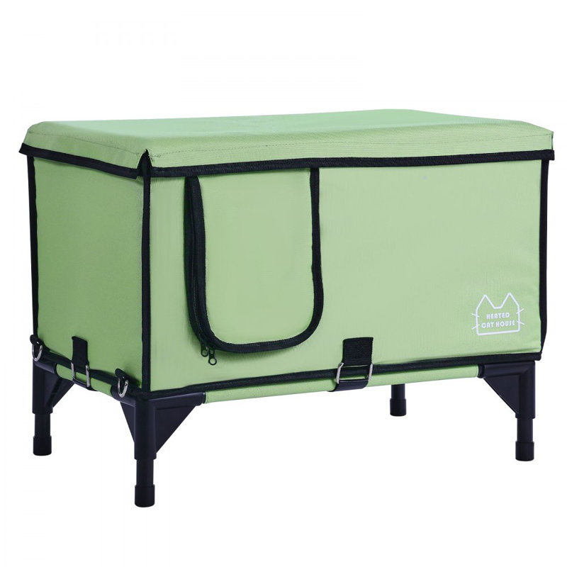 Elevated Heated Cat House Cuboid Kitty Shelter with Heated Pad Green (S), Large (16.54" H x 12.99" W x 24.61" D)