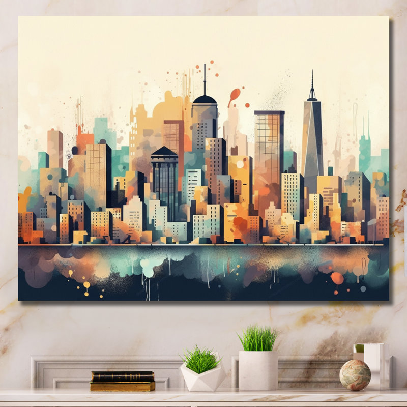 Colorful City Skyline2 - salon d'art mural urbain, H 12 po x l 20 po x P 1 po, Toile tendue