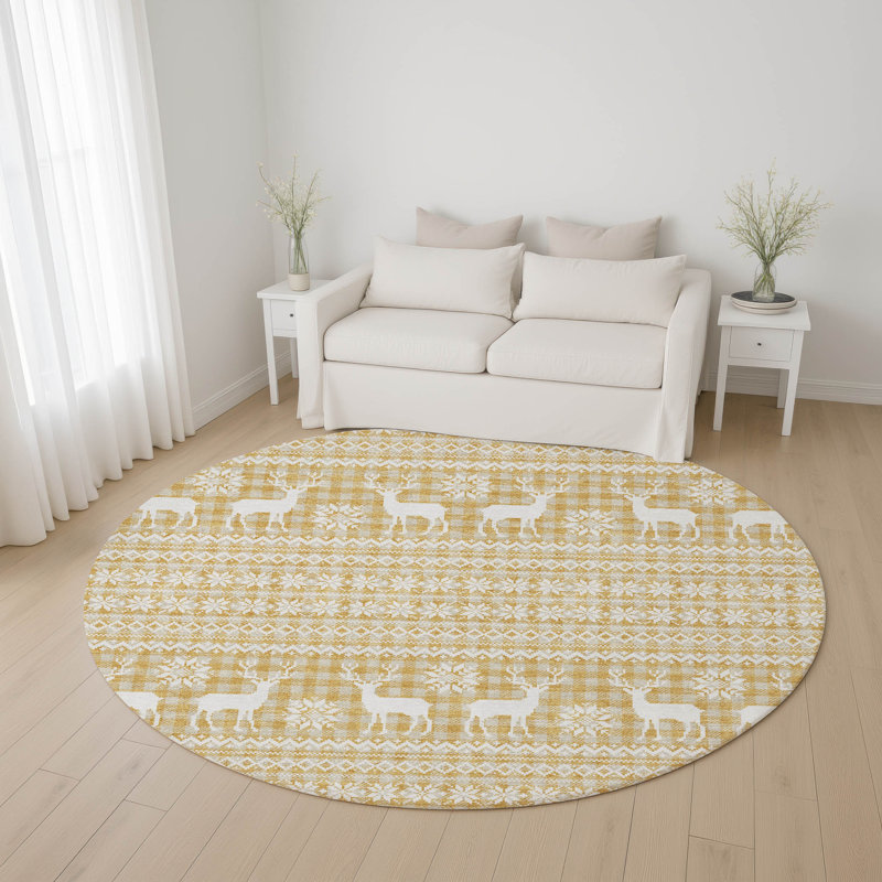 Premium Machine Washable Dockside AMF1820 Reindeers and Snowflakes Rug, Round 8'