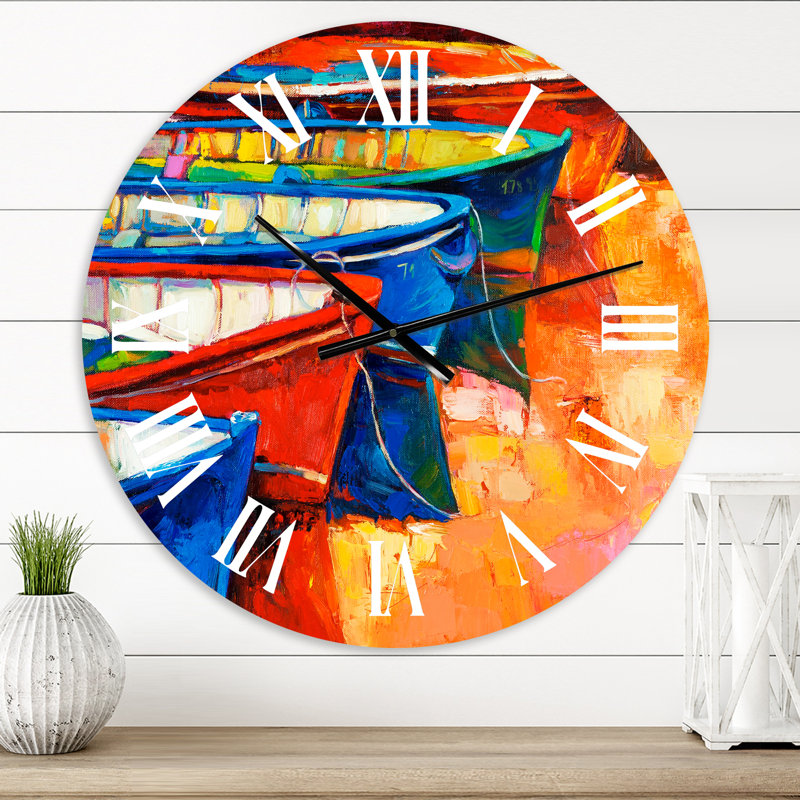 Bateaux dans le port au coucher du soleil chaud II - horloge murale nautique et côtière, Petit